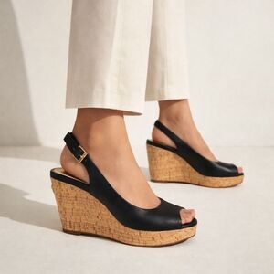 Michael Kors Black Leather Cork Wedge Slingback Heels Size 8